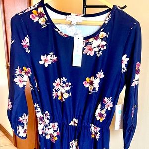 NWT; French Grey Murphy Brushed Knit Dress; Size L; Navy w/ floral pattern